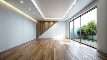 Obraz premium A vacant, modern room with a stark, minimalist aesthetic, featuring a sharp angle between a white wall and a polished hardwood floor.