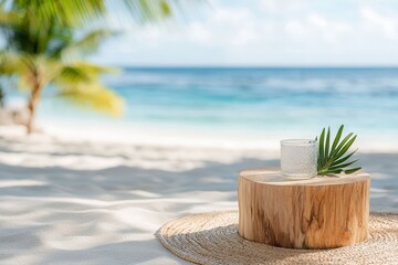 A refreshing drink on a wooden table, surrounded by sandy beach and tropical scenery, perfect for relaxation and vacation.