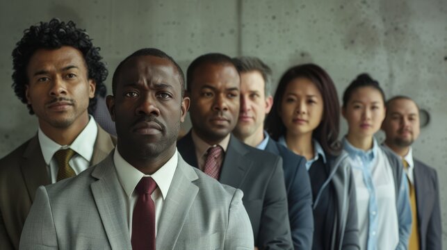 A focused, professional team in business attire standing in a line, all looking serious and determined against a minimalist concrete backdrop.