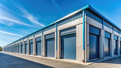 Fototapeta premium Modern exterior of a multi-level self-storage building with rows of metal units, rolling gates, and a secured access system against a clear blue sky.