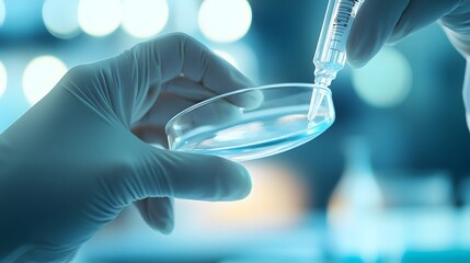 Handling Specimen: Doctor's hands holding a petri dish or test tube in a laboratory setting.
