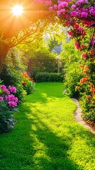 Fototapeta premium A lush green lawn with a stone walkway surrounded by vibrant pink and orange flowers. The sun shines through the leaves of a tree, creating a warm glow.