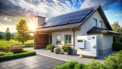Fototapeta premium Modern high-efficiency residential HVAC system with solar panels and smart thermostat, providing sustainable and eco-friendly climate control and energy conservation solutions.