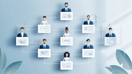 A corporate organizational chart featuring interconnected profiles on a sleek, modern background, symbolizing professional relationships and hierarchy.