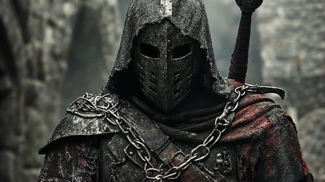 A mysterious warrior in dark armor stands in an ancient stone alley, an executioner with a sword on his back