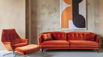 A modern living room with a vibrant orange velvet sofa and lounge chair. The sofa has a few throw pillows. There's a stucco wall with an art poster.