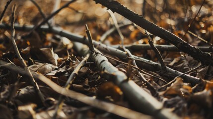 Close-up of forest floor with scattered twigs and foliage, capturing the natural beauty and intricate details of a serene woodland habitat.