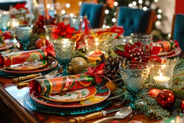 Naklejka premium A family Christmas dinner table set with colorful plates, Christmas crackers, and a variety of festive foods is centered around a joyful and vibrant holiday centerpiece