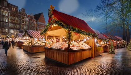Obraz premium Christmas Markets Market Stalls: Festive market scenes with stalls selling holiday treats, handmade crafts, and seasonal decorations.