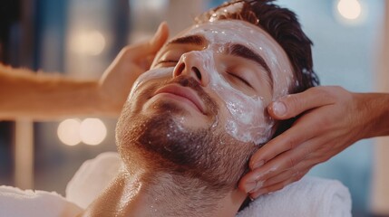 Relaxing facial treatment for a man in a spa setting during the evening with soothing lights and serene atmosphere
