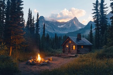 Cozy cabin with a glowing fire pit surrounded by a forest in a mountain setting at dusk. Tranquil wilderness retreat concept.