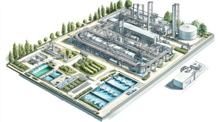 A detailed cross section of an industrial facility showcasing various components, including tanks, pools, and processing units, illustrating complex operations and structures.