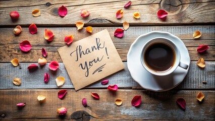 A warm, handwritten note on a weathered wooden table surrounded by coffee cups and scattered petals, conveying a sense of love, gratitude, and heartfelt emotion.