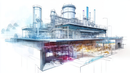 Fototapeta premium A detailed cross section of an industrial facility showcases complex machinery and systems, illustrating inner workings of modern plant.