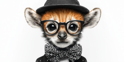 Fototapeta premium A cute lemur wearing a black hat and a bow tie with a black and white pattern.