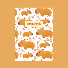 Cover of notebook with hand draw seamless pattern of capybaras with leaves. Vector illustration in flat doodle style. Cartoon cute animal for print.Kids illustration.Page template,planners.