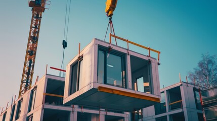 A construction site with a crane lifting a modular building unit into place against a clear sky, emphasizing modern architecture and engineering.