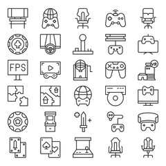 Fototapeta premium Gaming line icon collection. Editable stroke. Vector illustration. Containing playing cards, poker chip, puzzle, fps, casino chip, card game, arcade, map, trailer, race, arcade machine, buff