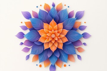 Obraz premium A vibrant floral mandala design featuring intricate leaves and petals in shades of orange and purple, perfect for artistic projects.