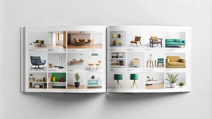 Modern minimalist product catalog layout featuring various colorful items on a clean white background, organized in a sleek and visually appealing horizontal format.