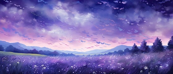 A dreamy oil painting background featuring a field of lavender under a starry night sky. 