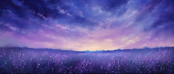 A dreamy oil painting background featuring a field of lavender under a starry night sky. 