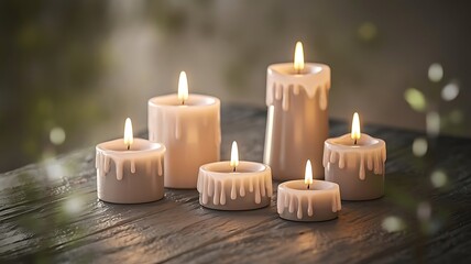 A calming scene of lit candles in various shapes on a rustic table, with flickering flames casting a warm glow and creating a serene atmosphere.