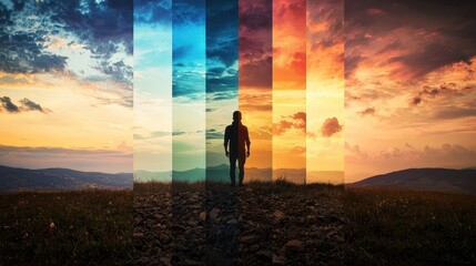 Fototapeta premium A series of images showing different stages of personal growth, from uncertainty to self-realization, as a person finds themselves