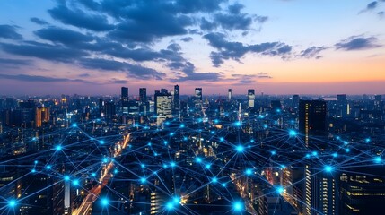 Digital cityscape with interconnected networks and digital elements, representing the integration of smart urban technology in an evening setting
