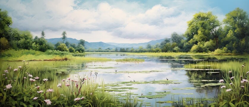 A serene oil painting background depicting a tranquil pond surrounded by willow trees. 