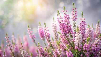 Obraz premium Soft focus image of delicate heather flowers against a calming grey background, evoking a serene and peaceful atmosphere in a natural, rustic setting.