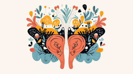 Abstract illustration featuring two large ears surrounded by colorful, stylized flowers, leaves, and whimsical elements on a light background.