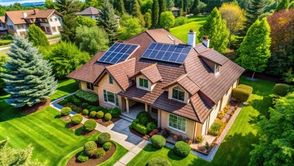 Bird's-eye view of a modern suburban residential house with a brown asphalt shingle roof, chimney, and solar panels, surrounded by lush green trees and lawn.