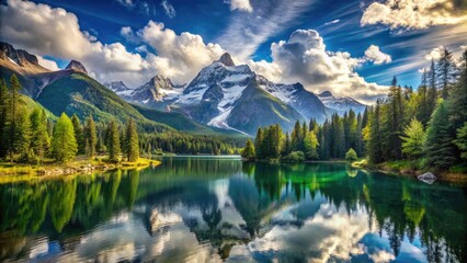 Obraz premium Breathtaking panoramic view of majestic snow-capped mountains towering above serene alpine lake surrounded by lush green forest under a vibrant blue sky with wispy clouds.