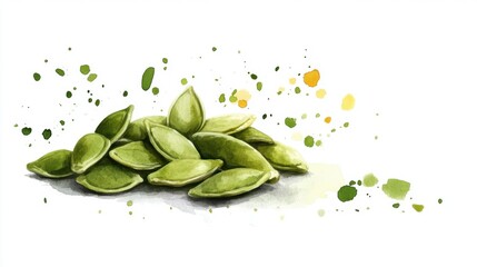 A vibrant watercolor illustration of green pumpkin seeds scattered with splashes of color, ideal for food themes and healthy recipes.