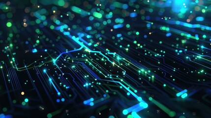 Abstract digital circuit with glowing blue and green lines on a dark background