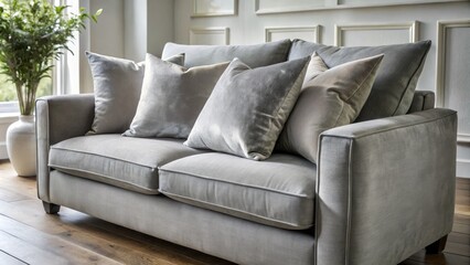 Soft grey velvet sofa cushion with high-density foam for a luxurious feel