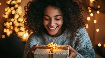 A person happily opening a beautifully wrapped present they've given themselves, symbolizing self-love and care
