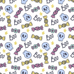 Halloween seamless pattern with candies, skull and stars. Colorful cute doodle background. For web backgrounds, fabrics, wrapping paper, decoration.