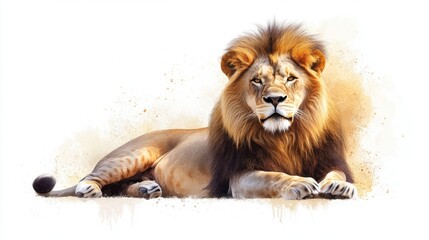 Fototapeta premium Majestic lion relaxing in a serene environment, showcasing its powerful build and striking mane in a vibrant, natural setting.