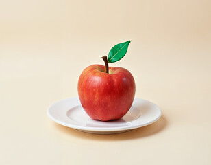 an apple with green leaves on a plate in solid background