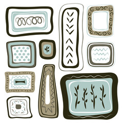 Vector set of abstract square-like shapes decorated with primitive ornaments in greyish-blue and brownish tones on white background