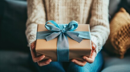 A person placing a gift box on their lap, smiling with anticipation as they prepare to open it, symbolizing the joy of self-gifting