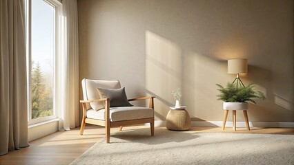 Soft natural light illuminates a serene empty bedroom corner with a plain cream-colored wall, beige carpet, and a sparse wooden chair, evoking feelings of calm solitude.