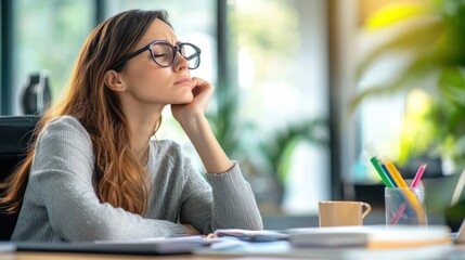A woman sitting at a desk, taking a deep breath and planning her tasks for the day, representing the concept of pacing oneself