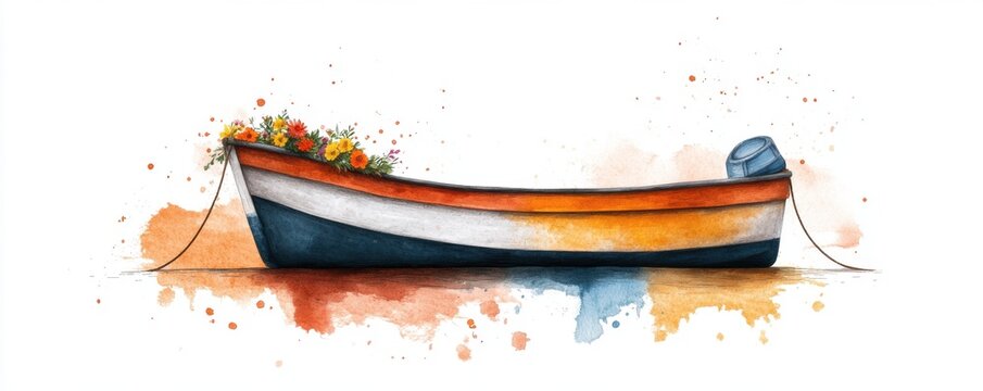 A colorful watercolor painting of a boat adorned with flowers, perfect for marine and nature-themed projects.