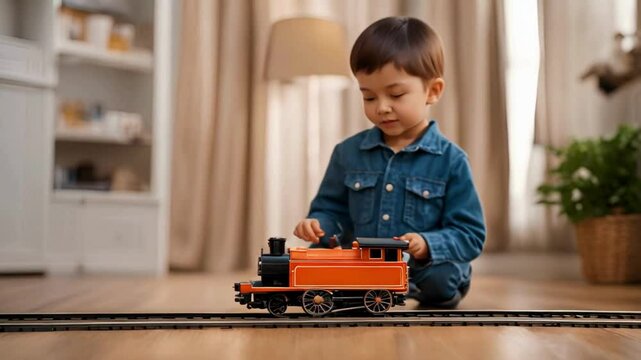 A boy is playing with a toy train set
