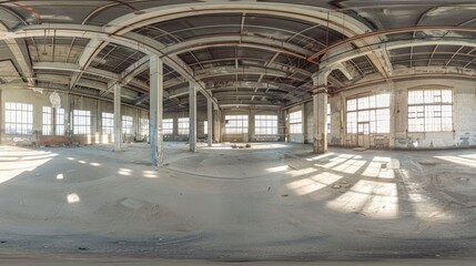 Panoramic view of an abandoned industrial building with large windows and sunlight casting intricate shadows on the bare floors.