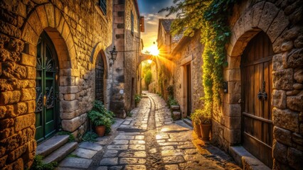 Fototapeta premium Mysterious afternoon light casts long, intricate shadows on ancient stone walls, revealing hidden textures and patterns in a forgotten alleyway's secluded, atmospheric landscape.