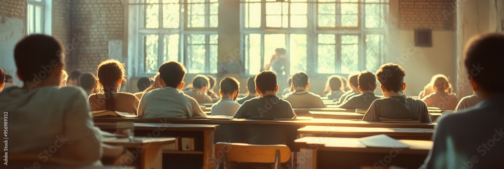 Aufkleber students sit in a crowded classroom, striving for knowledge amid old books and a lack of adequate sc